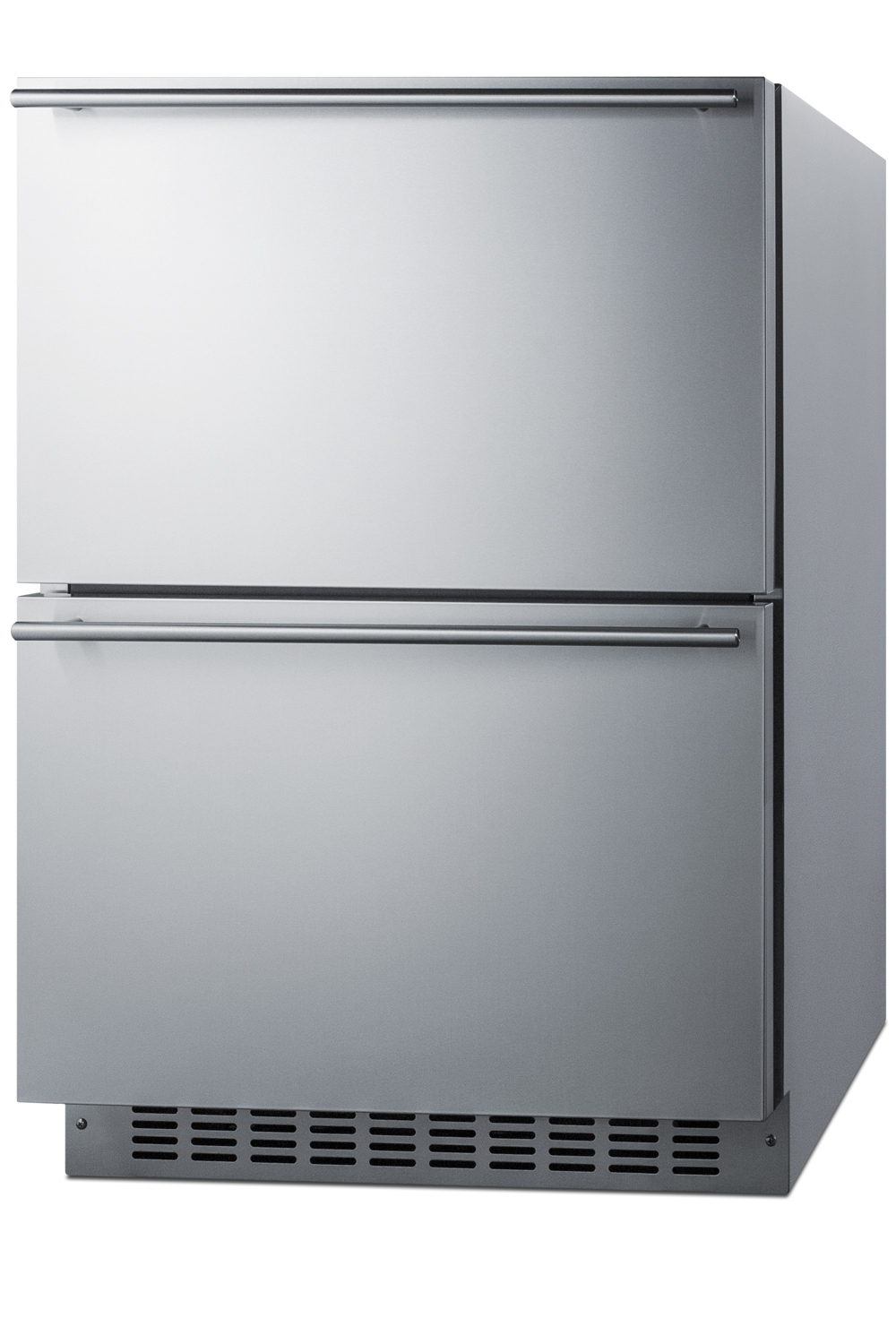 Commercially approved two-drawer refrigerator-freezer for built-in or freestanding use, with digital thermostat, frost-free operation, panel-ready drawer fronts, and complete stainless steel construction